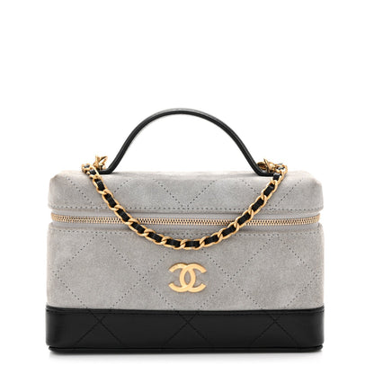 Suede Calfskin Shiny Lambskin Quilted Top Handle Slim Vanity Case With Chain Grey Black