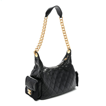 Shiny Lambskin Quilted Trendy Pockets Hobo Black