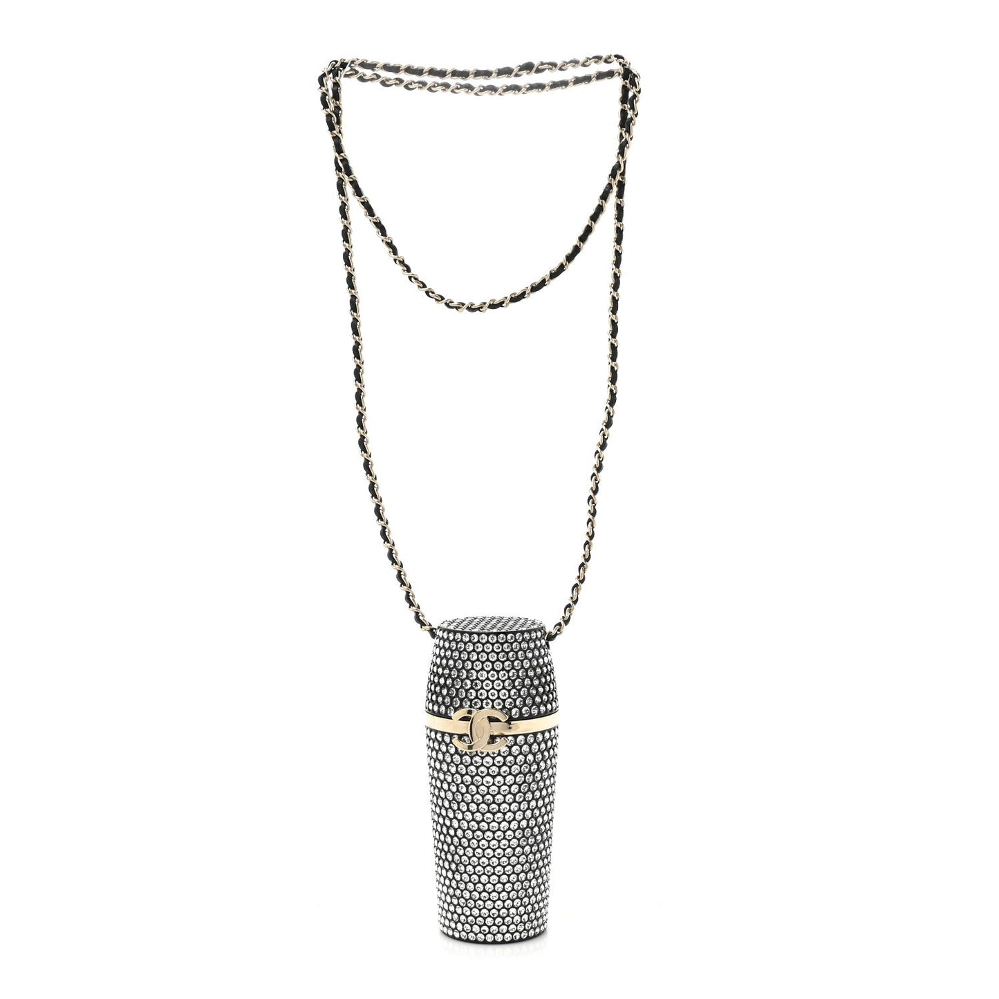 Metal Resin Lambskin Crystal Lipstick Case Long Necklace On Chain Silver Black Gold