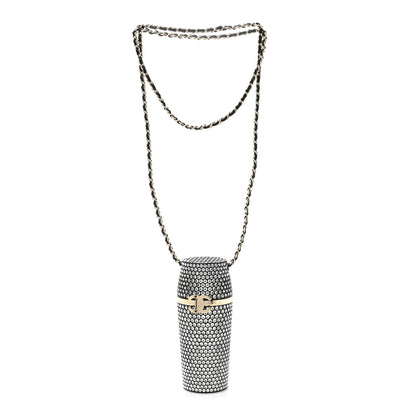 Metal Resin Lambskin Crystal Lipstick Case Long Necklace On Chain Silver Black Gold