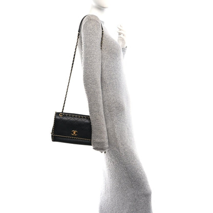 Calfskin Stitched Chain Flap Black