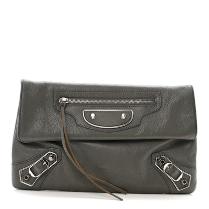 Chevre Silver Metallic Edge Hardware Envelope Clutch Gris Acier
