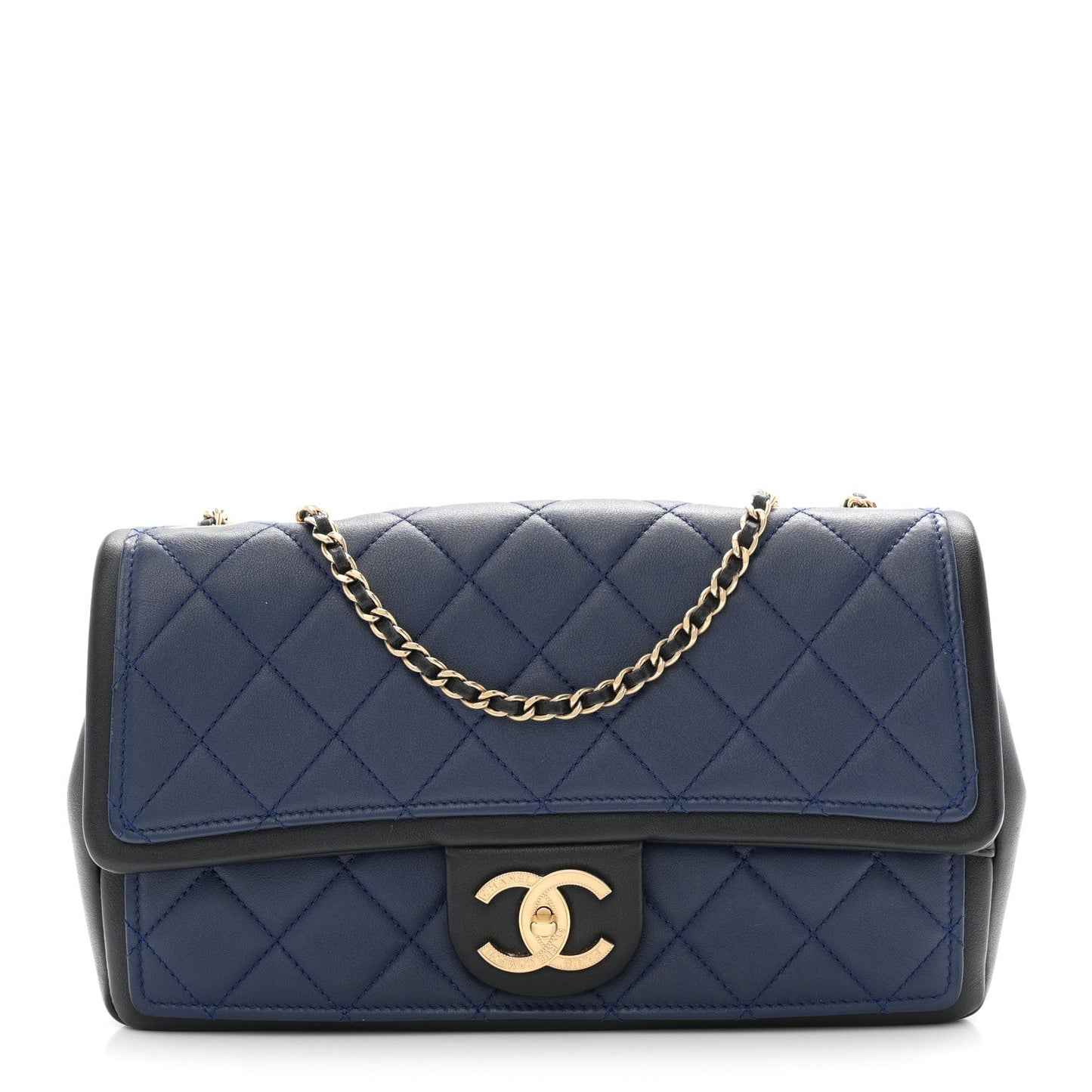 Lambskin Quilted Medium Graphic Flap Navy Black