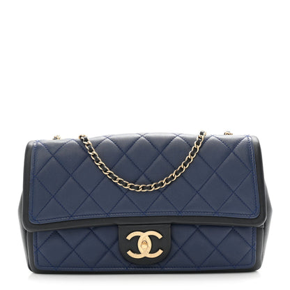 Lambskin Quilted Medium Graphic Flap Navy Black