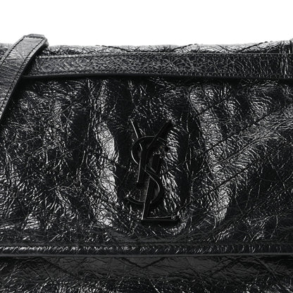 Crinkled Calfskin Matelasse Monogram Medium Niki Chain Satchel Black