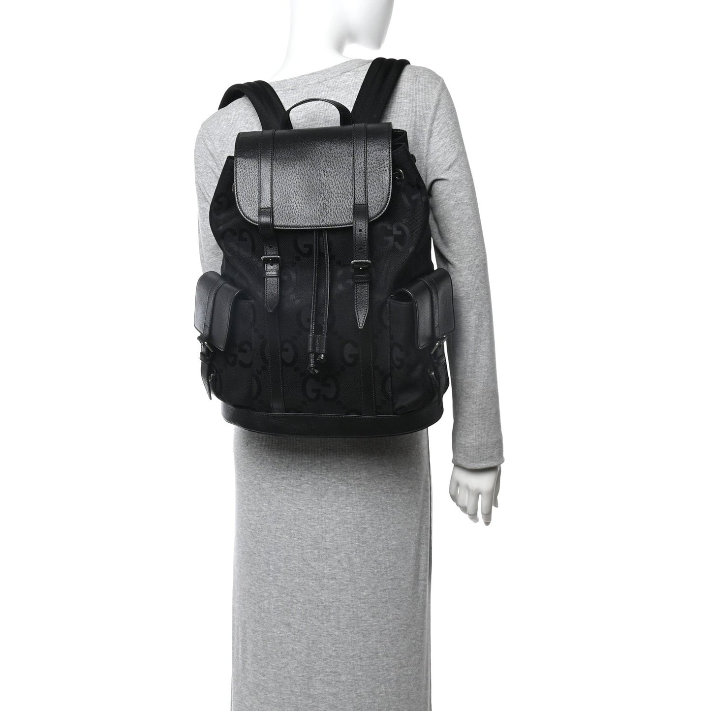 Monogram Jumbo GG Textured Dollar Calfskin Web Double Buckle Backpack Black