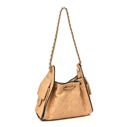 Braided Raffia Calfskin Quilted Mini Chanel 25 Handbag Beige Black
