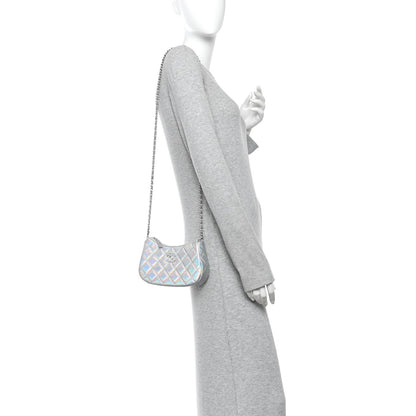 Iridescent Mirror Goatskin Quilted Clutch With Chain Silver