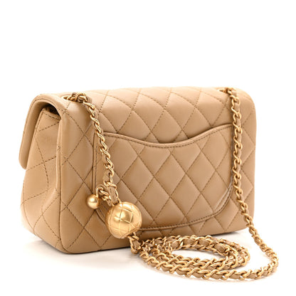 Lambskin Quilted Mini Rectangular Pearl Crush Flap Dark Beige