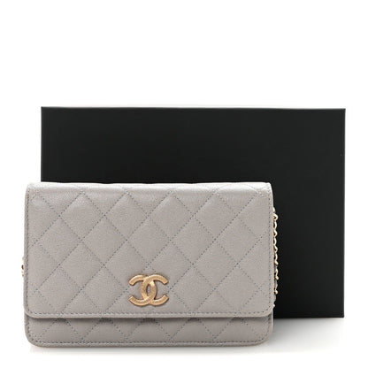 Caviar Quilted Studded CC Wallet On Chain WOC Grey