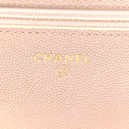 Iridescent Caviar Quilted Wallet on Chain WOC Beige