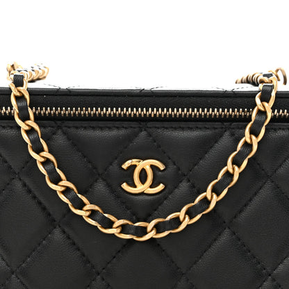 Lambskin Quilted Pearl Crush Small Vanity Case With Chain Black