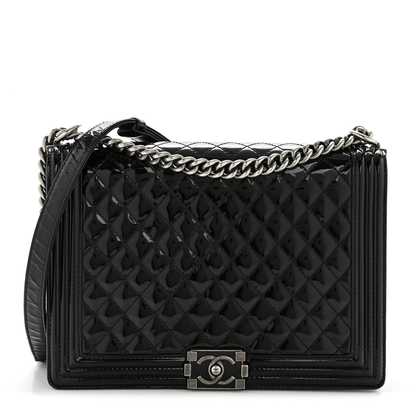 Patent Quilted Large Boy Flap Black