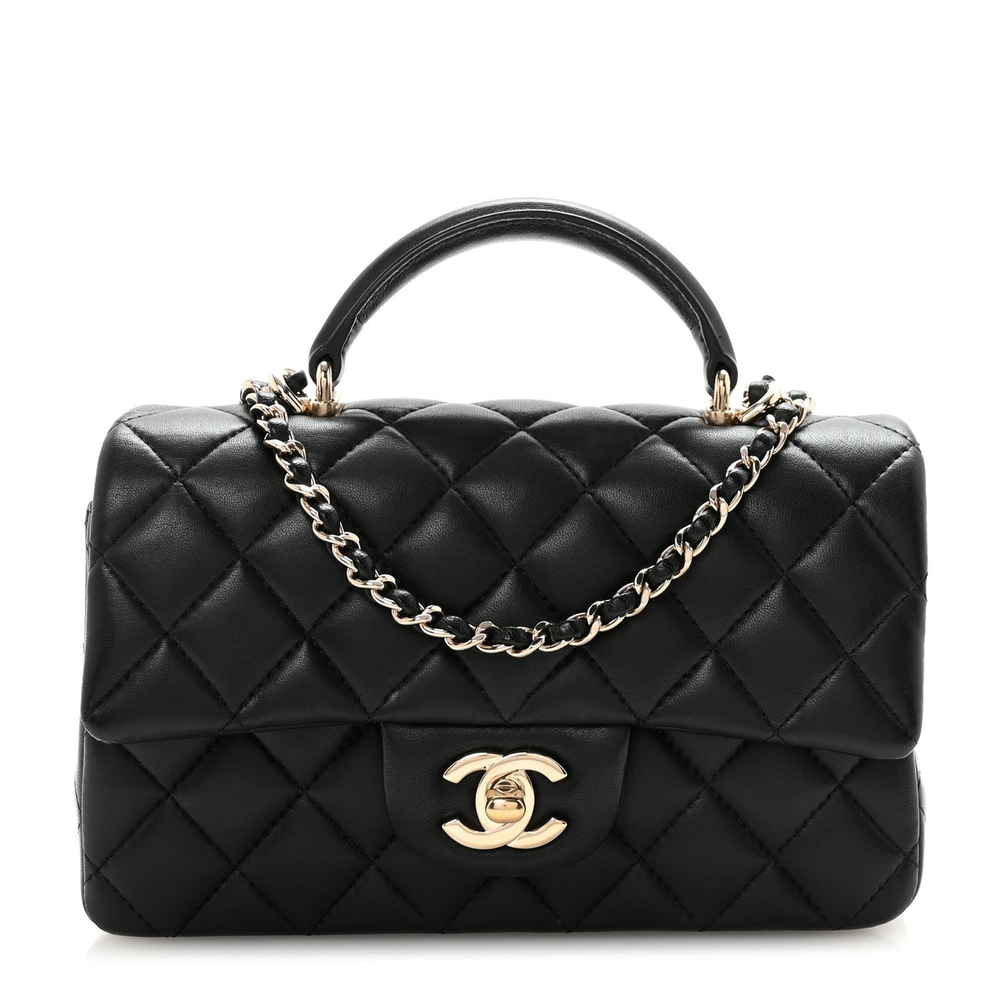 Lambskin Quilted Mini Top Handle Rectangular Flap Black