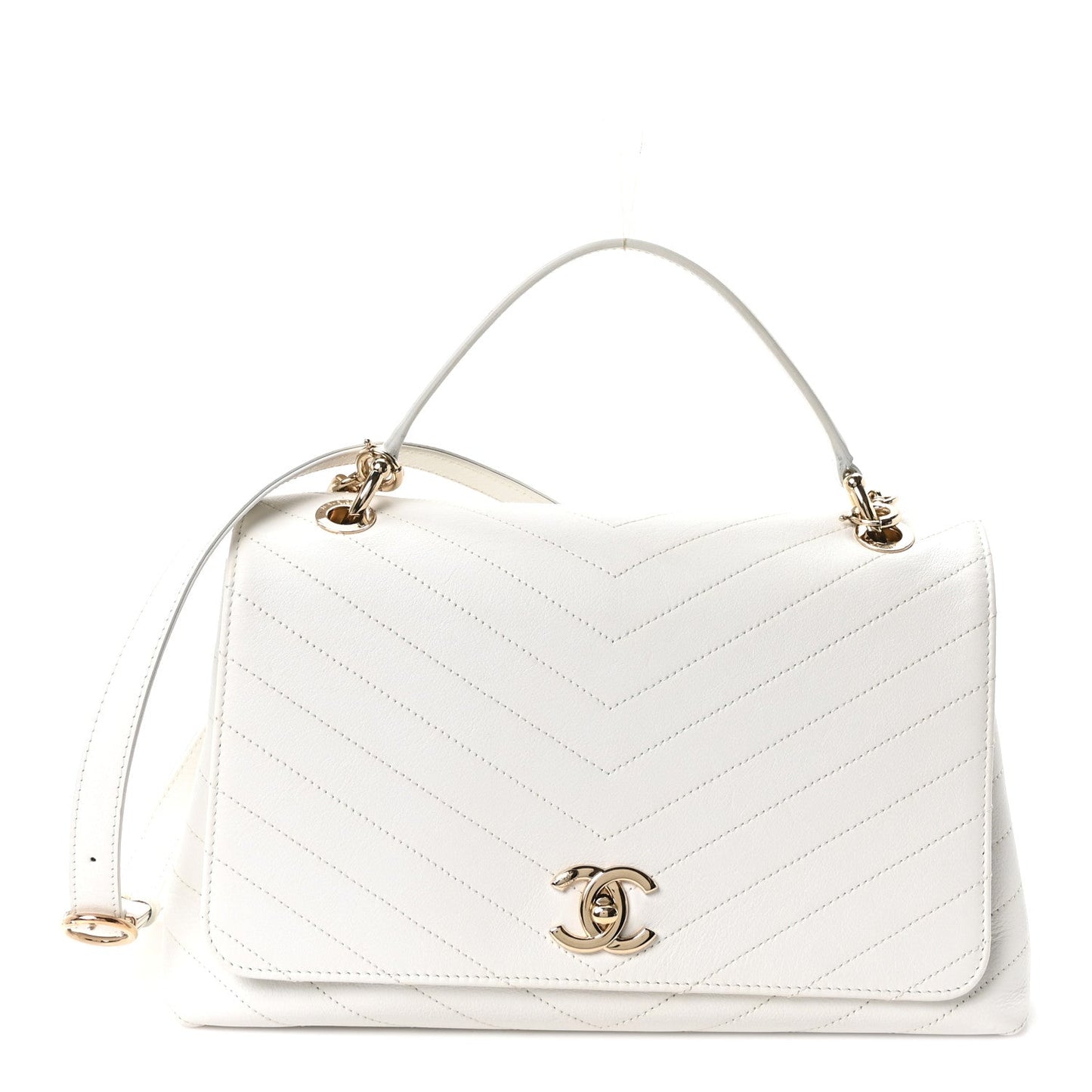 Grained Calfskin Stitched Medium Chevron Chic Top Handle Flap White
