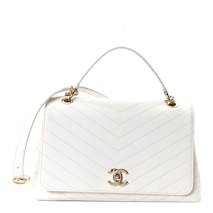 Grained Calfskin Stitched Medium Chevron Chic Top Handle Flap White