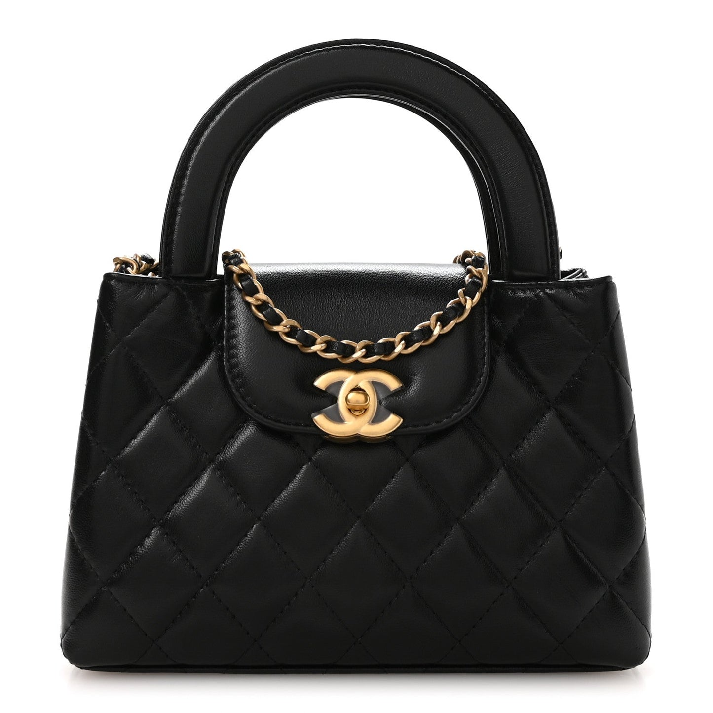 Shiny Aged Calfskin Quilted Nano Kelly Shopper Black