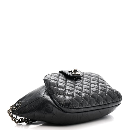 Crumpled Calfskin Quilted Casual Rock Waist Bag Fanny Pack Black
