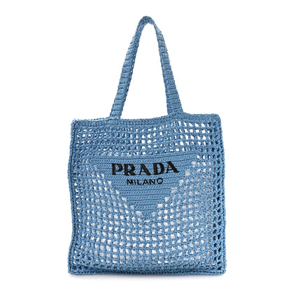 Yarn Raffia Effect Crochet Logo Embroidered Tote Bag Celeste
