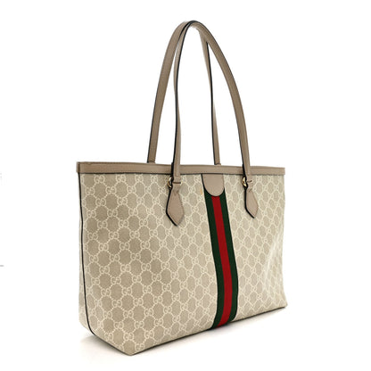 GG Supreme Monogram Textured Dollar Calfskin Web Medium Ophidia Shopping Tote Beige Mystic White Oatmeal