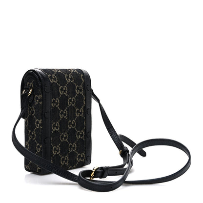 Jacquard Black Denim GG Monogram Textured Dollar Calfskin Mini Horsebit 1955 Crossbody Bag Black Ivory
