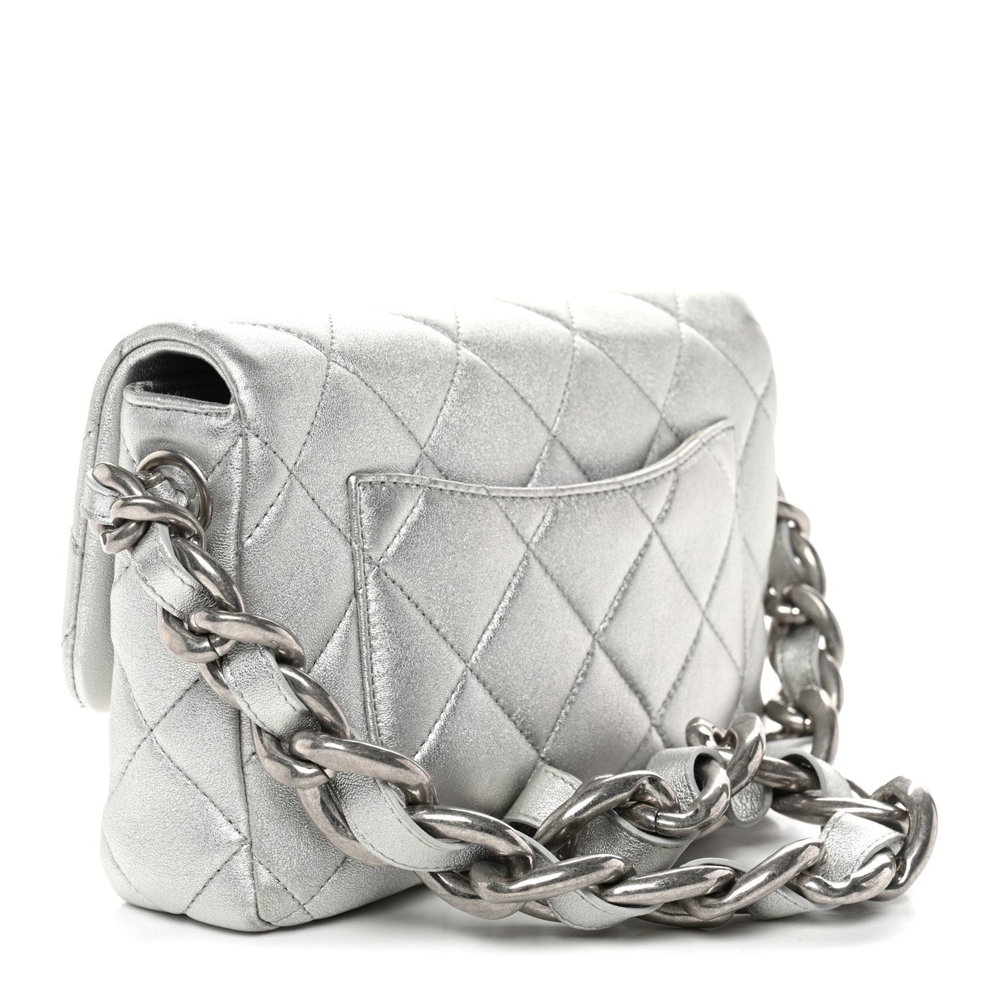 Metallic Lambskin Lacquered Quilted Small Flap Silver