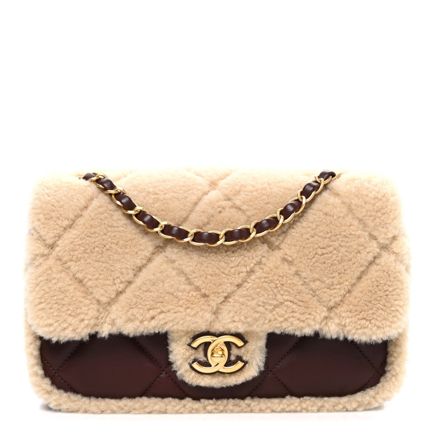 Shearling Lambskin Quilted Furry Coco Flap Beige Dark Brown