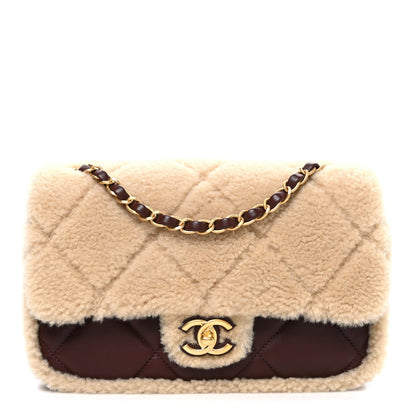 Shearling Lambskin Quilted Furry Coco Flap Beige Dark Brown