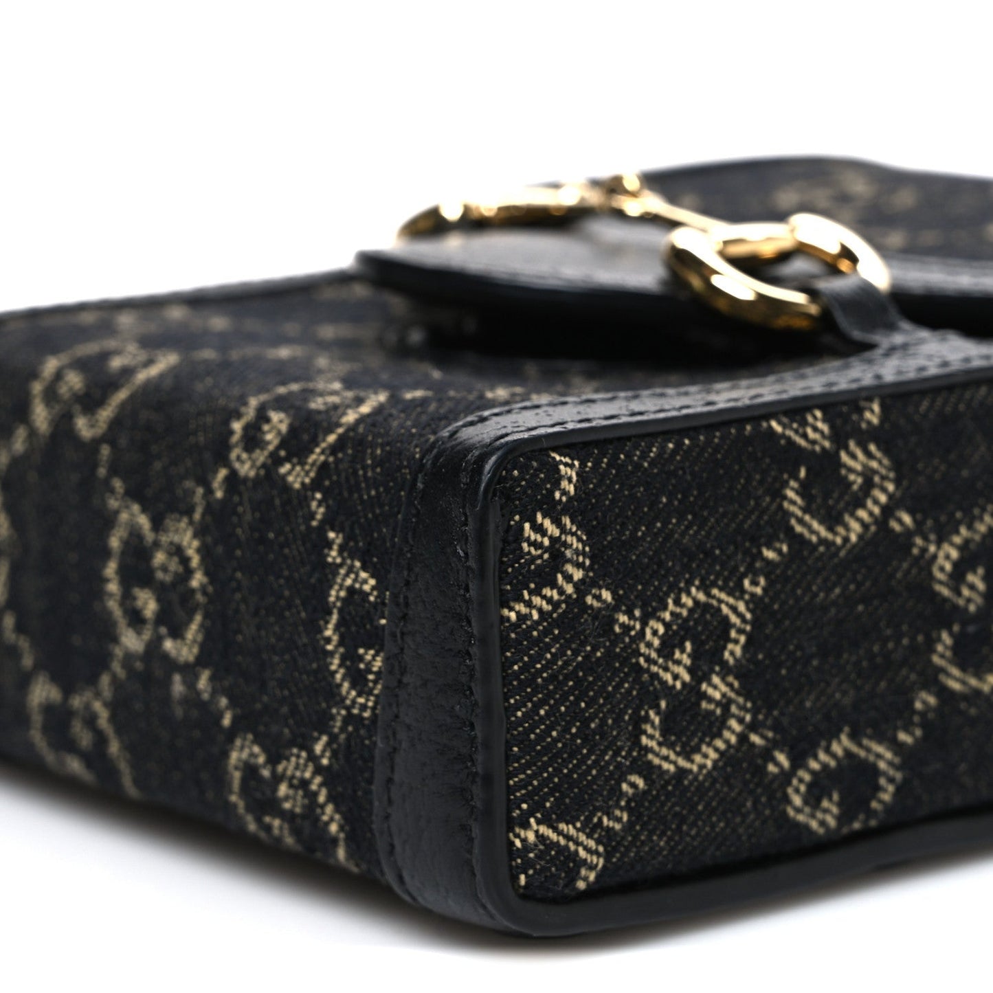 Jacquard Black Denim GG Monogram Textured Dollar Calfskin Mini Horsebit 1955 Crossbody Bag Black Ivory