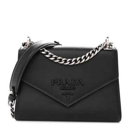 Saffiano Cuir Calfskin Monochrome Envelope Flap Chain Shoulder Bag Black