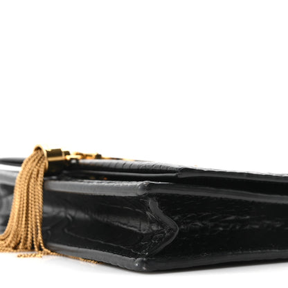 Calfskin Crocodile Embossed Kate Monogram Tassel Chain Wallet Black