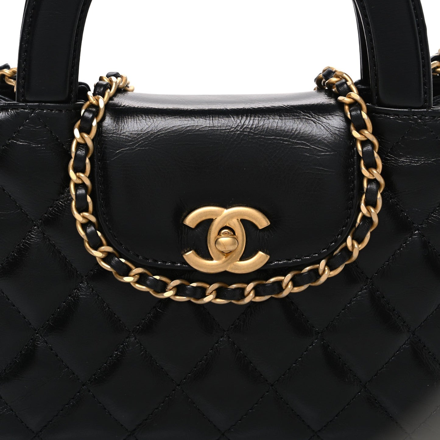Shiny Aged Calfskin Quilted Nano Kelly Shopper Black