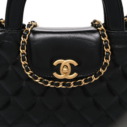 Shiny Aged Calfskin Quilted Nano Kelly Shopper Black
