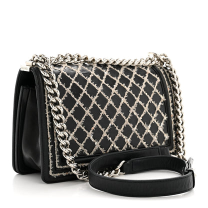 Calfskin Tweed Sequin Stitched Medium Boy Flap Black White