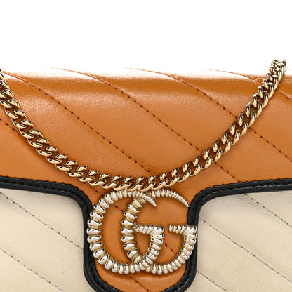 Vintage Effect Calfskin Matelasse Diagonal Super Mini Torchon GG Marmont Shoulder Bag  Cognac Mystic White Blue Agata