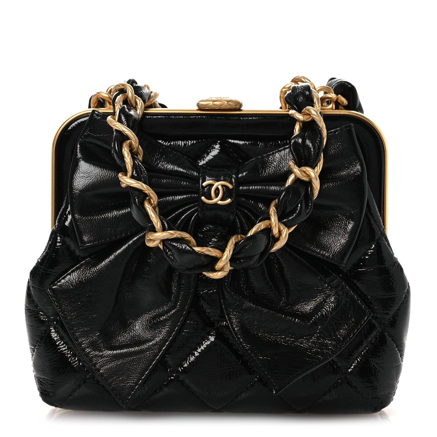 Patent Crumpled Lambskin Quilted Maxi Bow Clutch With Chain Black