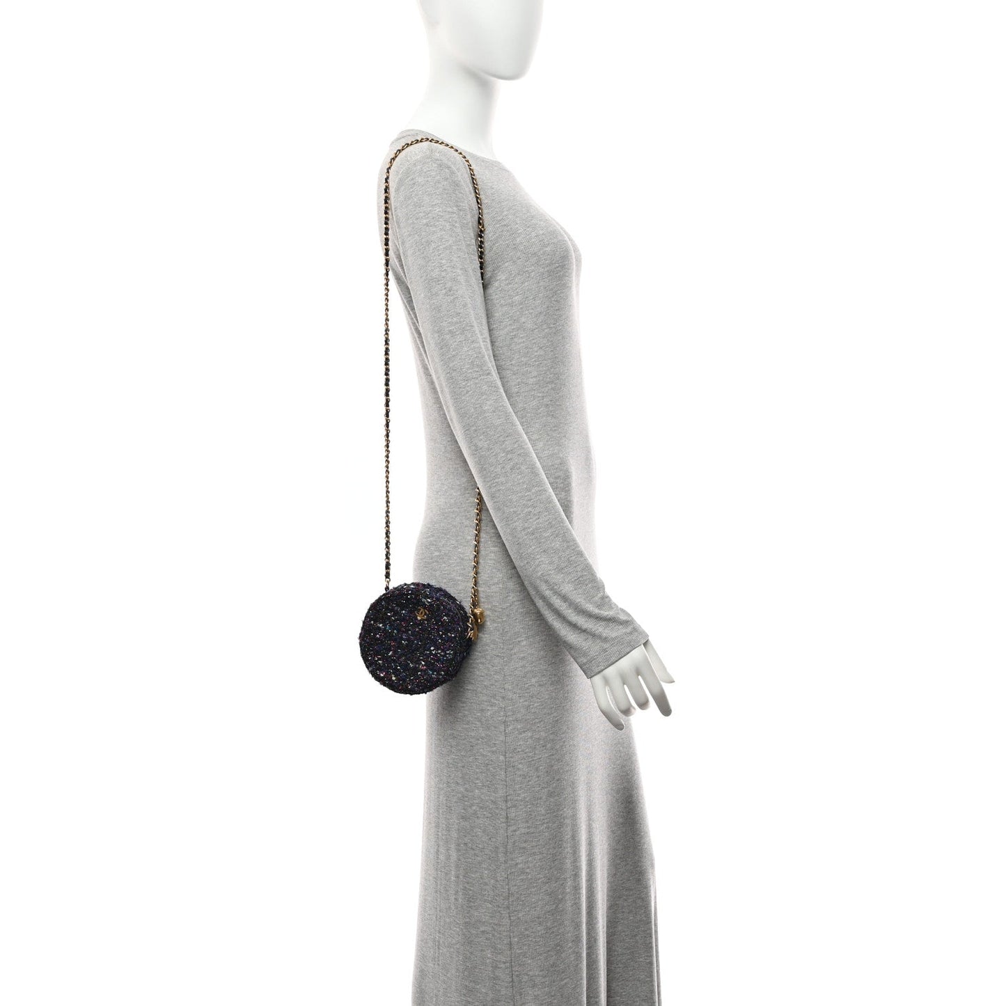 Tweed Quilted Round Clutch With Chain Multicolor