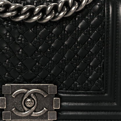Lambskin Braided Woven Small Boy Flap Black