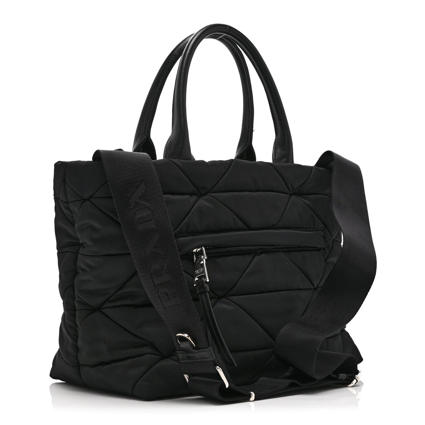 Re-Nylon Nappa Triangle Quilted Padded Small Double Handled Zip Tote Black