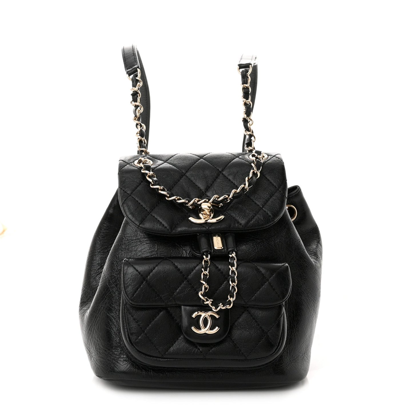 Glazed Aged Calfskin Quilted Small Duma Drawstring Backpack Black