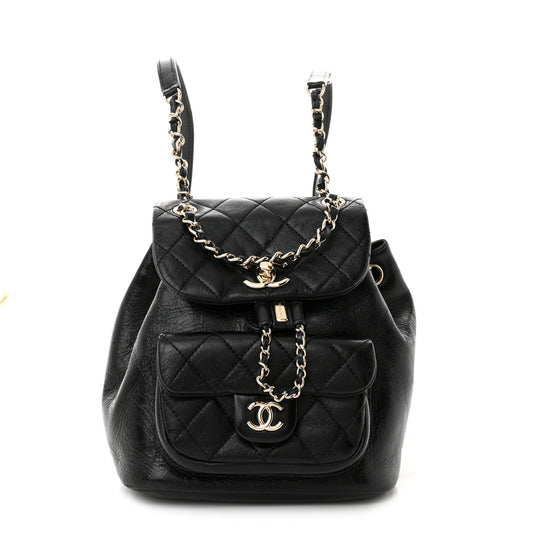 Glazed Aged Calfskin Quilted Small Duma Drawstring Backpack Black