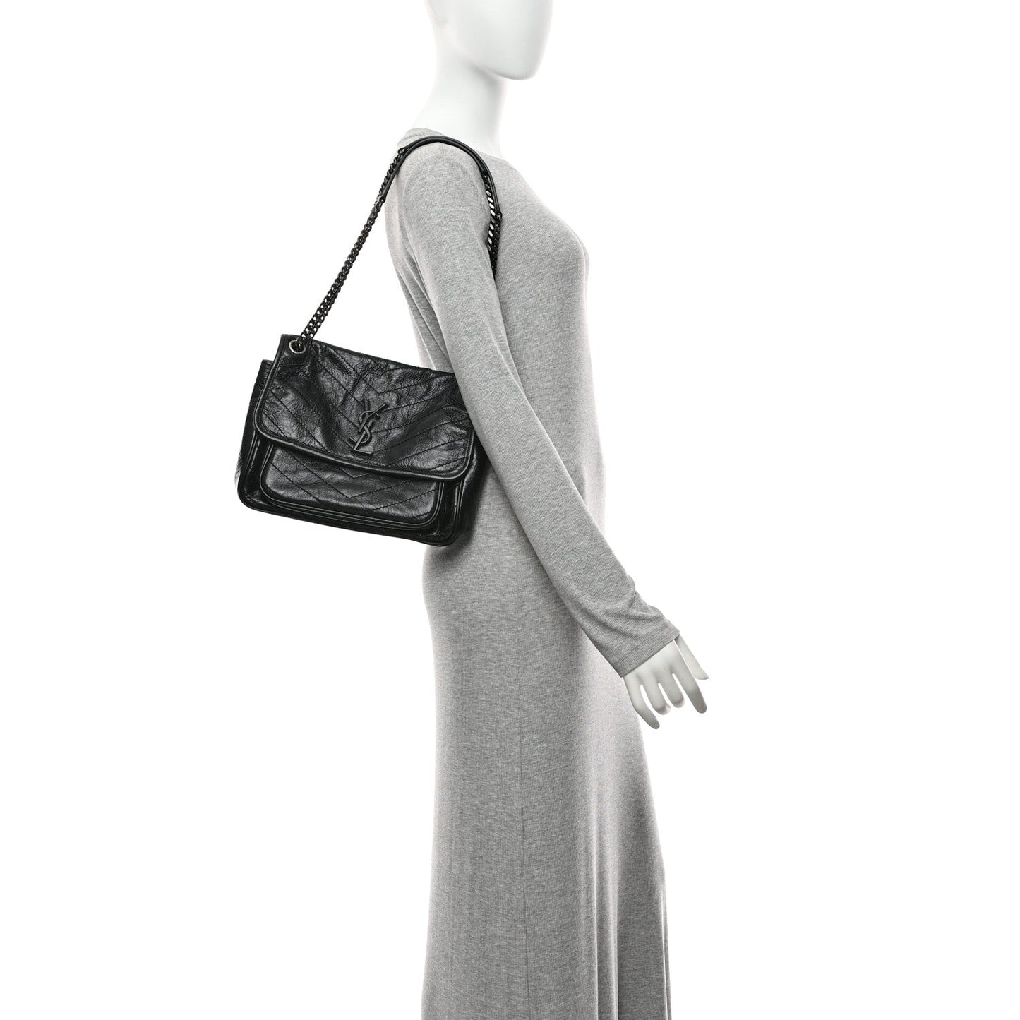 Crinkled Calfskin Matelasse Monogram Medium Niki Chain Satchel Black