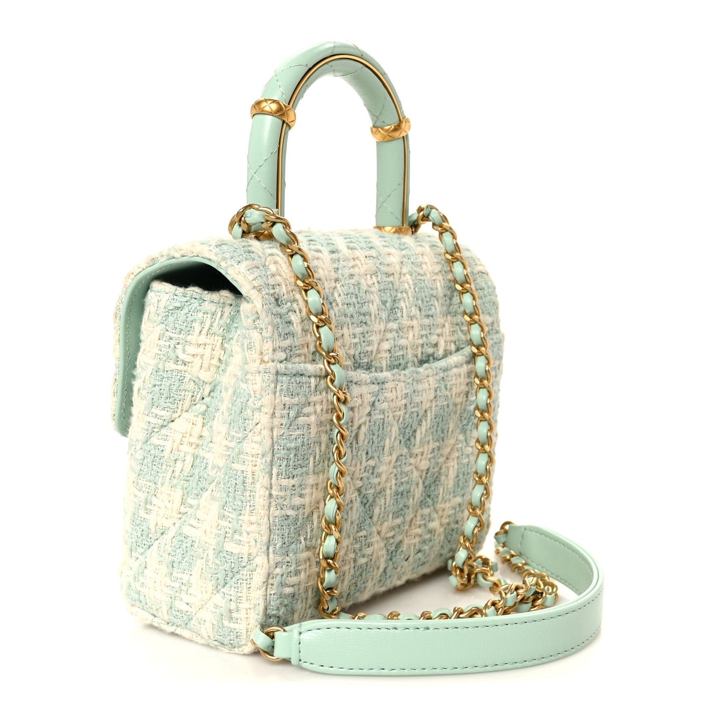 Tweed Handle Crush Top Handle Flap Bag Light Blue Ecru