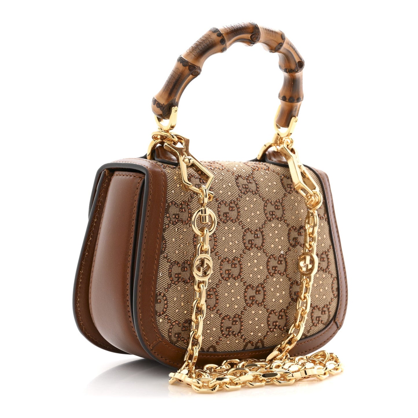New Canvas Charisma Calfskin Crystal GG Monogram Small Bamboo 1947 Top Handle Bag Camel Ebony