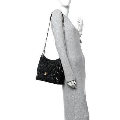 Shiny Crumpled Calfskin Quilted Large Wavy CC Hobo Black