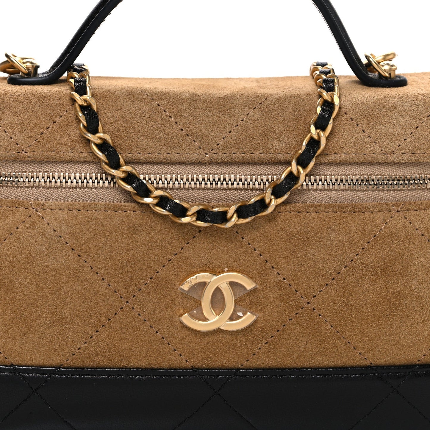 Suede Calfskin Shiny Lambskin Stitched Top Handle Slim Vanity Case With Chain Beige Black