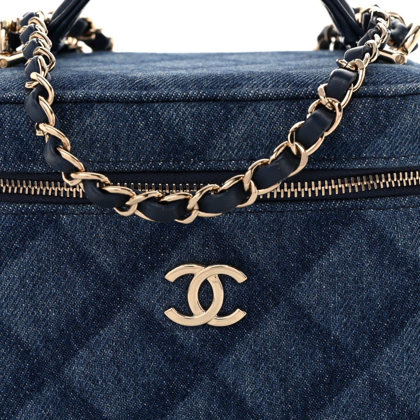 Printed Denim Quilted Mini Top Handle Vanity Case With Chain Dark Blue