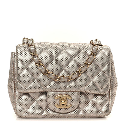 Metallic Lambskin Perforated Mini Square Flap Light Pink