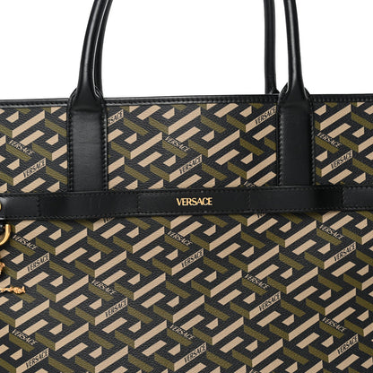 Coated Canvas Calfskin La Greca Signature Tote Bag Black Khaki