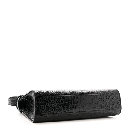 Shiny Calfskin Crocodile Embossed Manhattan Baguette Black